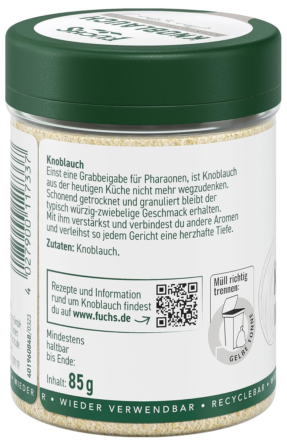 Fuchs Gewürze - Ajo granulado - würzig-zwiebliger Geschmack für Tzatziki, Knoblauchbutter oder Gemüsegerichte - ingredientes naturales - 85 g en wiederverwendbarer, recyclebarer Dosis