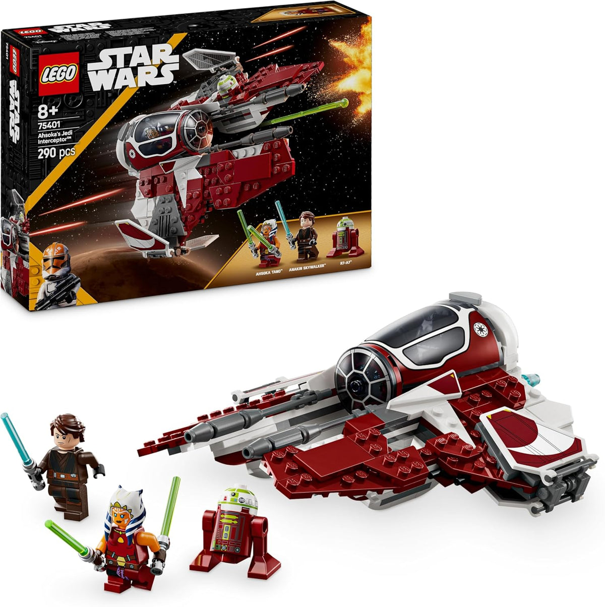 LEGO Star Wars 75401 Ahsokas Jedi Interceptor, figuras para fans de The Clone Wars, minifiguras de Ahsoka Tano y Anakin Skywalker, con luces y R7-A7, para jóvenes y mujeres de 8 años