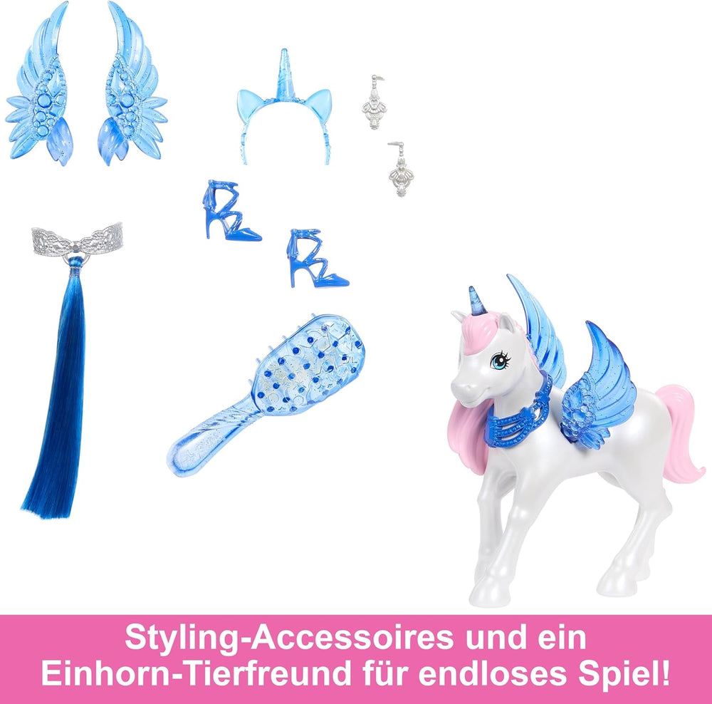 Barbie O Magie Ascunsă - Păpușă cu Unicorn, rochie roz cu detalii albastru safir, bentiță de unicorn, aripi și coadă detașabile din safir, pentru copii cu vârsta de 3 ani și peste, HRR16
