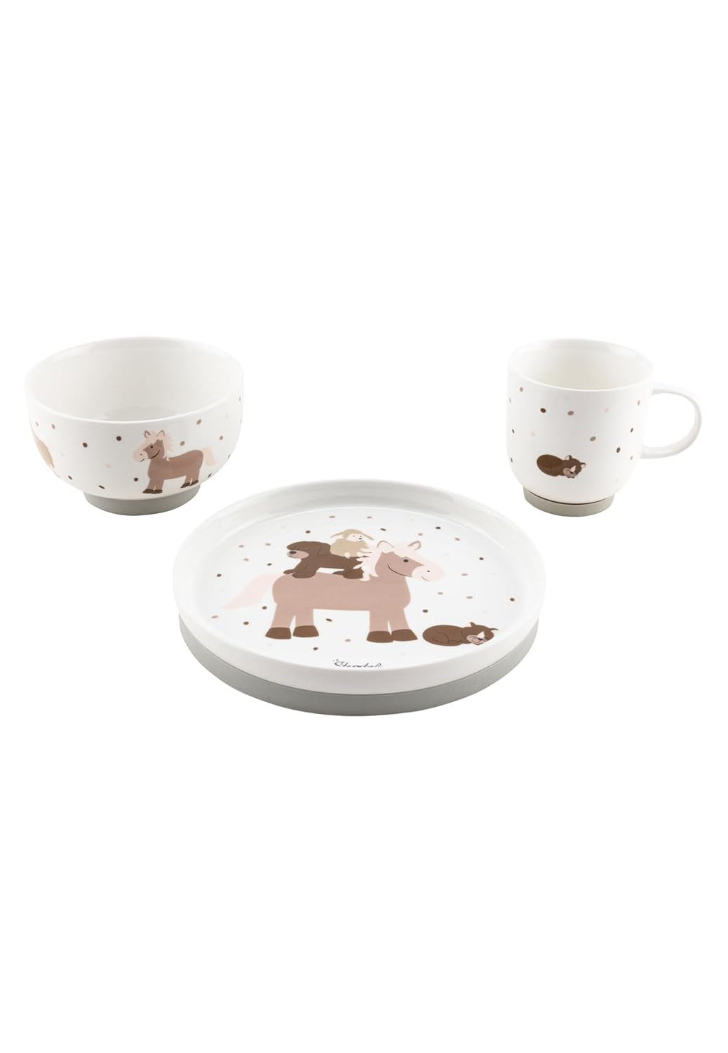 Set de veselă din porțelan Sterntaler, design rustic - Set de veselă cu bază din silicon antiderapantă și detașabilă - Veselă pentru bebeluși și copii cu farfurie, bol de 400 ml și cană de 200 ml, alb