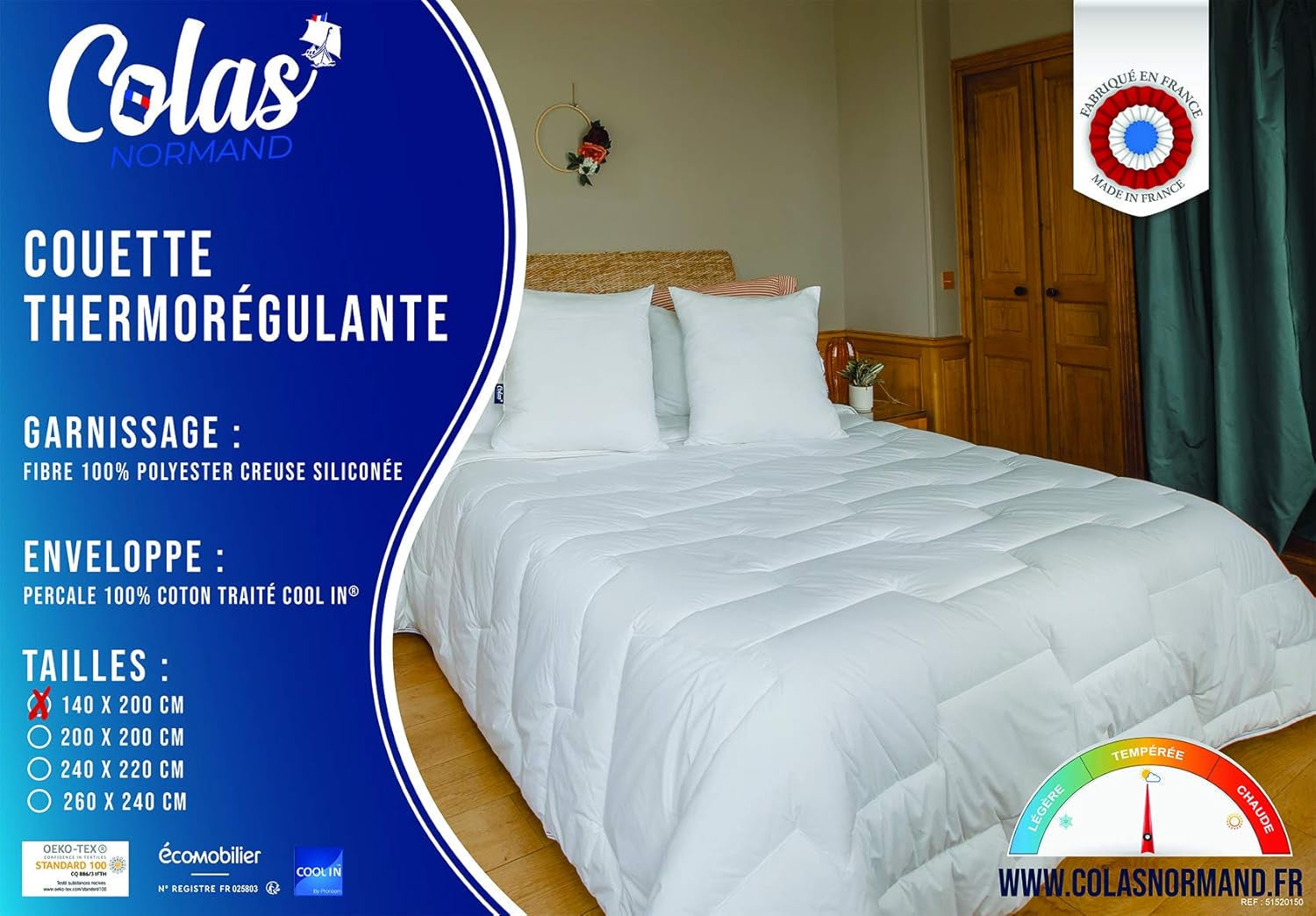 COLAS NORMAND Edredón Termorregulador, Cool In, Templado, 140 X 200 Cm, Transpirable, Ventilación óptima, 100% percal, Sensación Fresca, Francés, 53130255, Blanco Edredones y edredones Naty Shop