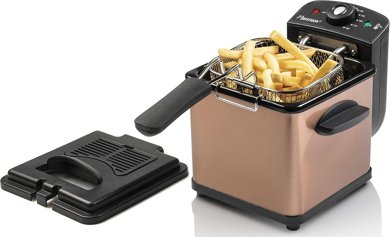 Freidora de aceite Bestron, Mini freidora para 1 ración de patatas fritas, pescado o nuggets Electrodomésticos Naty Shop Cobre