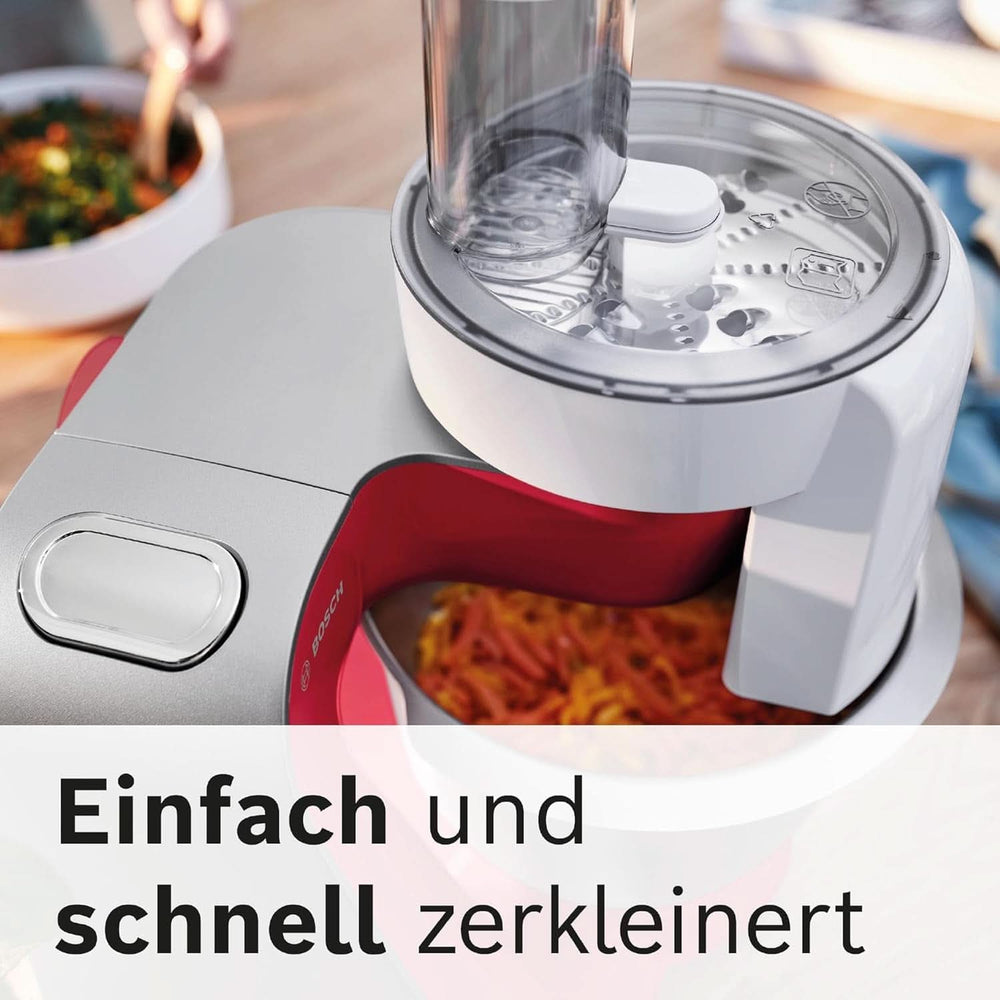Bosch Küchenmaschine Serie 4 Mum58720,Edelstahl-Schüssel 3,9 L, Mixer 1,25 L, Planetenrührwerk,Knethaken,Schlag,Rührbesen, Durchlaufschnitzler, 3 Scheiben, 1000 W, Dunkelrot/Silber Mama si Copilul Naty Shop
