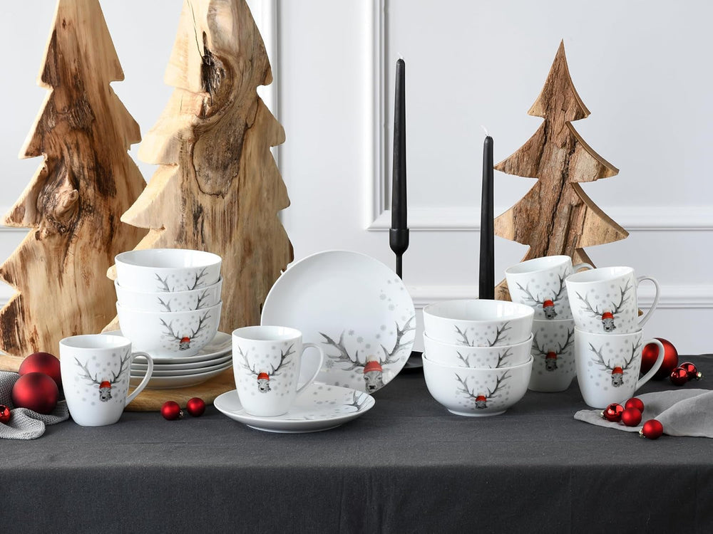 Creatable, 21498, Serie Luna Hirsch, 18-Teiliges Geschirrset Für 6 Personen, Frühstücksset Aus Porzellan, Spülmaschinen- Und Mikrowellengeeignet, Qualitätsproduktion Seturi vesela masa Naty Shop