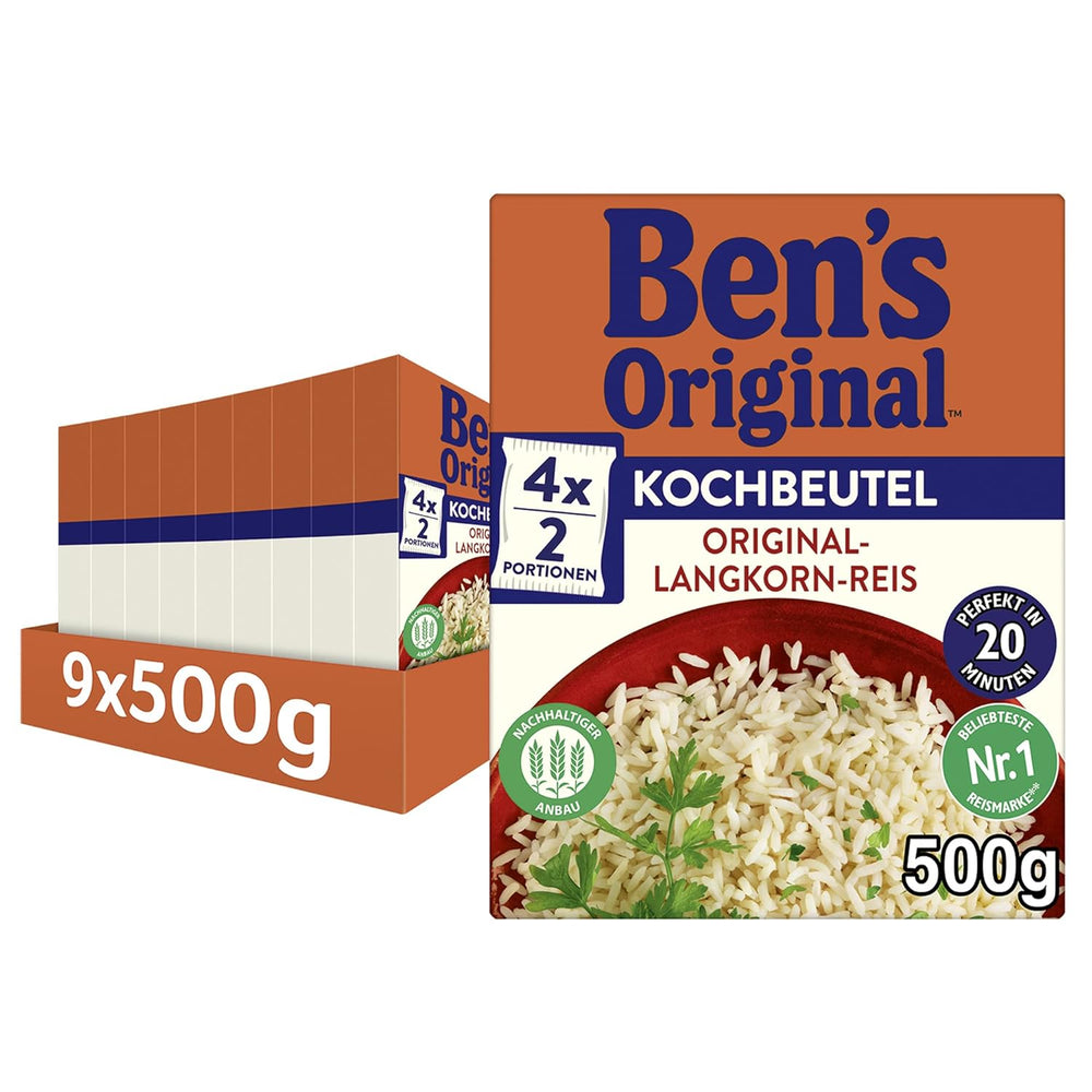 BEN'S ORIGINAL™ Arroz Grano Largo, Cocido en Bolsa, 9 x 500g, 20 minutos