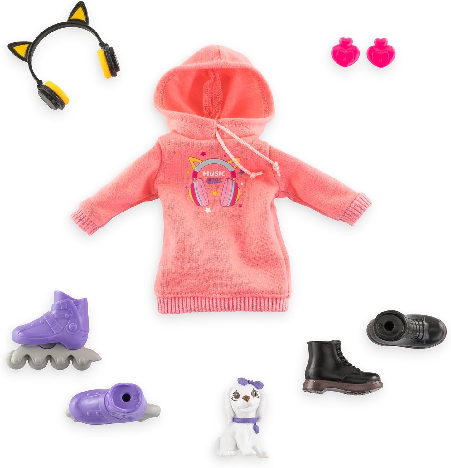 Corolle Girls Melody Music und Fashion Set, Ankleidepuppe im coolen Hoodiekleid mit Hund, trendy Kopfhörer, Ohrringe und extra Inlineskates, Vanilleduft, 28cm, ab 4 Jahren