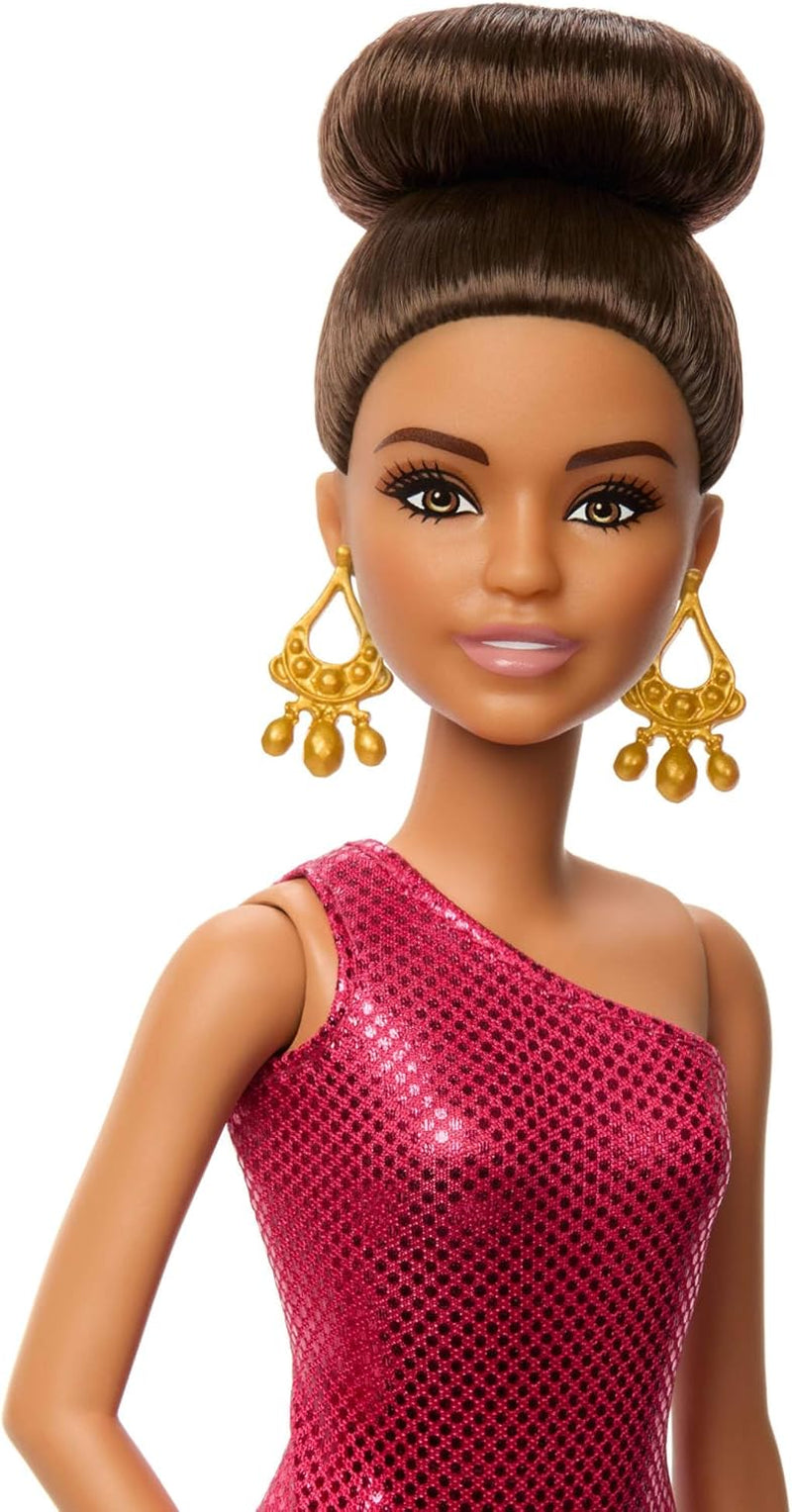 Muñeca Barbie Bailarina de Moda con Vestido Rojo con Volantes, Zapatos de Baile, Cabello Castaño y Accesorios Trofeo de Baile, JFR09 Naty Shop Dolls