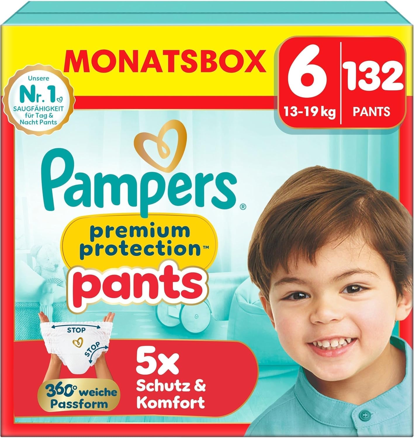 Pampers Premium Protection Pants talla 5, 144 pañales, 11 kg - 17 kg, con ajuste de 360° y puños suaves antifugas para una comodidad y protección óptimas