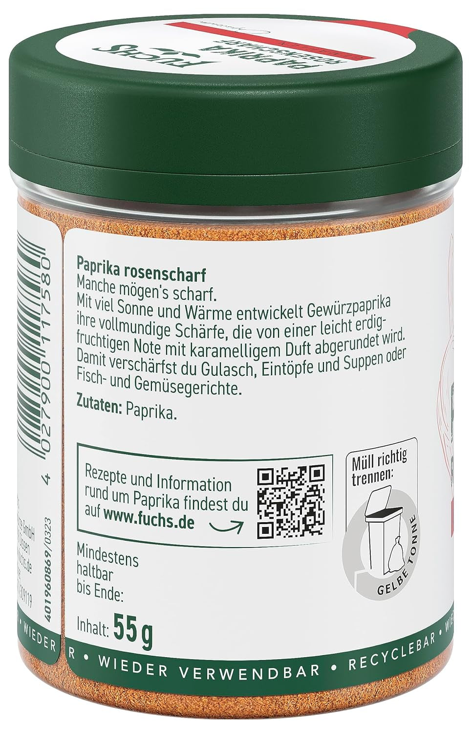 Fuchs Gewürze - Paprika rosenscharf gemahlen - schärfer Gesmack für Gulasch, Eintöpfe oder Gemüsegerichte - ingredientes naturales - 55 g en wiederverwendbarer, recyclebarer Dosis
