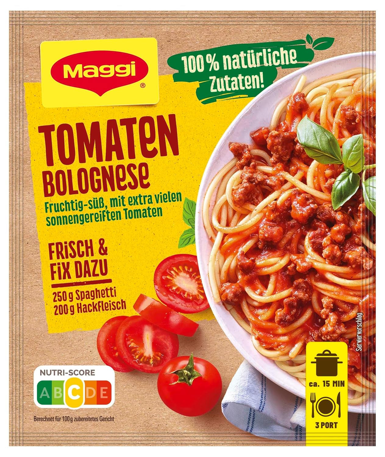 MAGGI Fix para espaguetis a la boloñesa, Würzmischung, ingredientes 100% naturales, para 3 porciones, 1 paquete (1 paquete de 36 g)