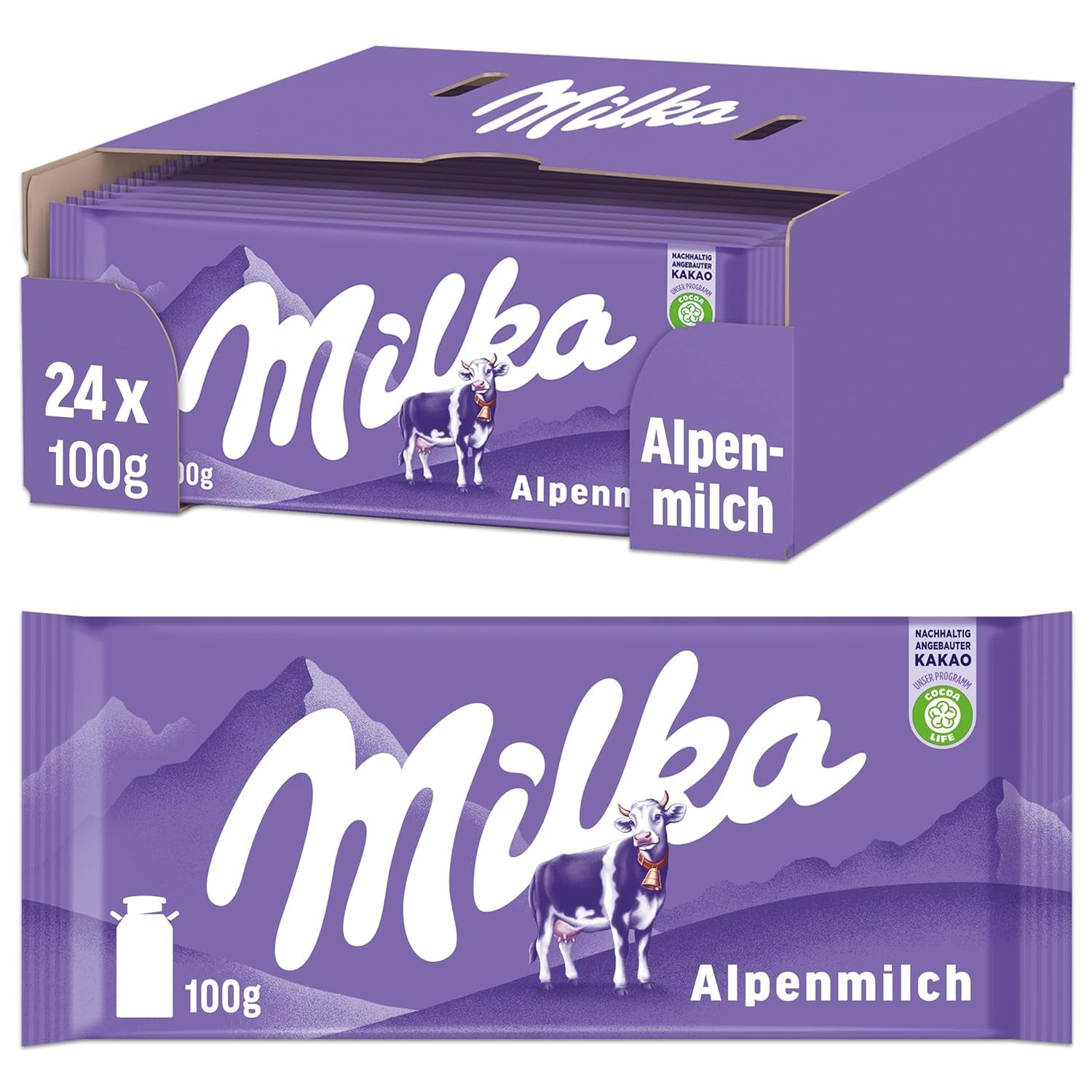 Milka Cow Spots – Chocolate con leche alpino con chocolate blanco con diseño de manchas de vaca – 24 x 90 g