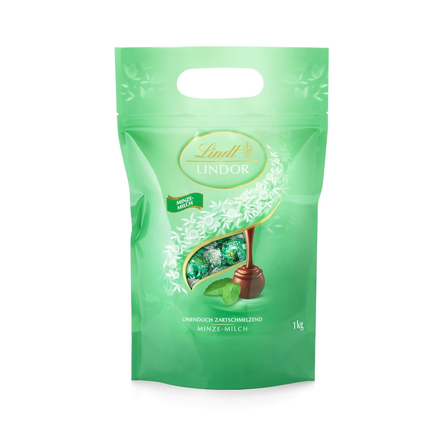 LINDOR bolitas de chocolate blanco, 1 kg y LINDOR | Bolsa resellable de 1 kg | aprox. 80 bolitas de chocolate con leche con relleno de menta | Paquete a granel, regalo de praliné, regalo de chocolate.