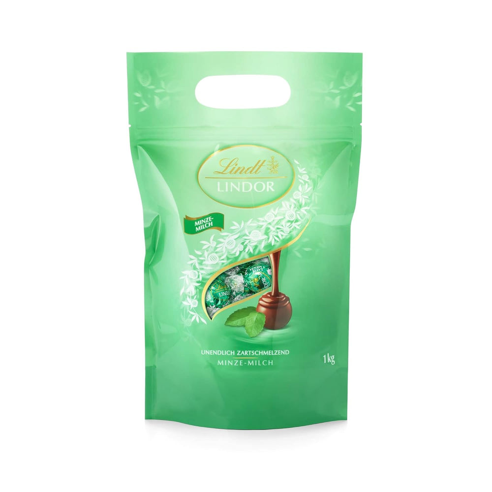 Bolas de chocolate LINDOR | Bolsa resellable de 1 kg | aprox. 80 bolitas de chocolate con leche con relleno de menta | Paquete a granel y bolas de chocolate y caramelo salado LINDOR