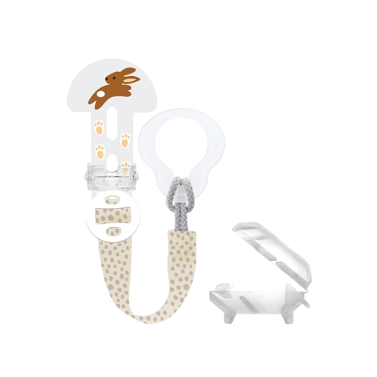 MAM Clip it! & Cover Curea pentru suzetă cu protecție pentru tetină, Suport pentru suzetă reglabil în lungime cu inel detașabil, Potrivit pentru suzete, inele de dentiție și jucării, Iepure