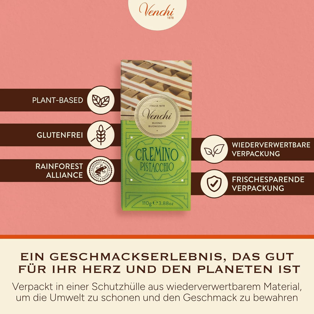 Venchi - Cremino Pistachio Bar, 110g, barra de chocolate blanco y con leche con pasta de pistacho, receta de tres capas con sabores mediterráneos, sin gluten, sin colorantes artificiales