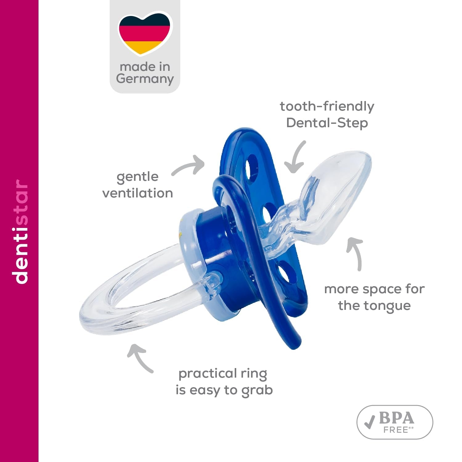 Suzetă din silicon Dentistar®, pachet de 3 – mărimea 1, suzetă 0-6 luni – prietenoasă cu dinții și maxilarul, cu etapă dentară – fără BPA – fabricată în Germania – floare de cireș