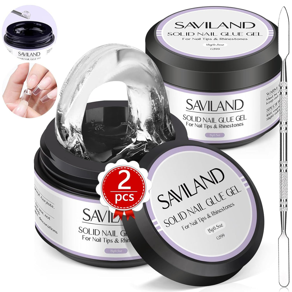 Saviland Lipici solid pentru unghii pentru vârfuri: 2 bucăți 15G lipici pentru unghii artificiale lipici extra puternic gel de presare pe unghii adeziv UV gel lipici pentru unghii pentru femei salon de acasă DIY lampă UV/LED întărită