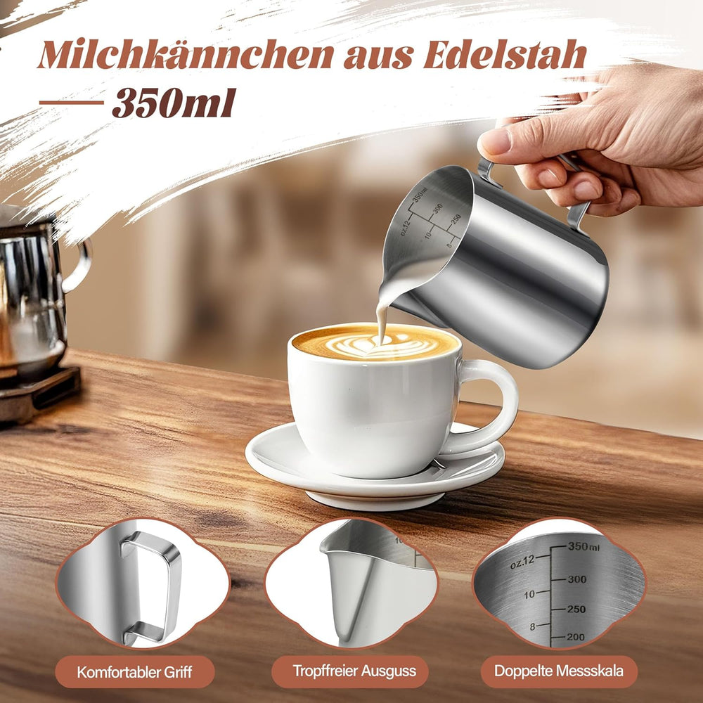 Cană de lapte, cană de lapte din oțel inoxidabil de 350 ml cu marcaj de măsurare, accesoriu barista, cană de lapte pentru cappuccino, espresso, latte art, iubitori de cafea, argintiu, 355 ml