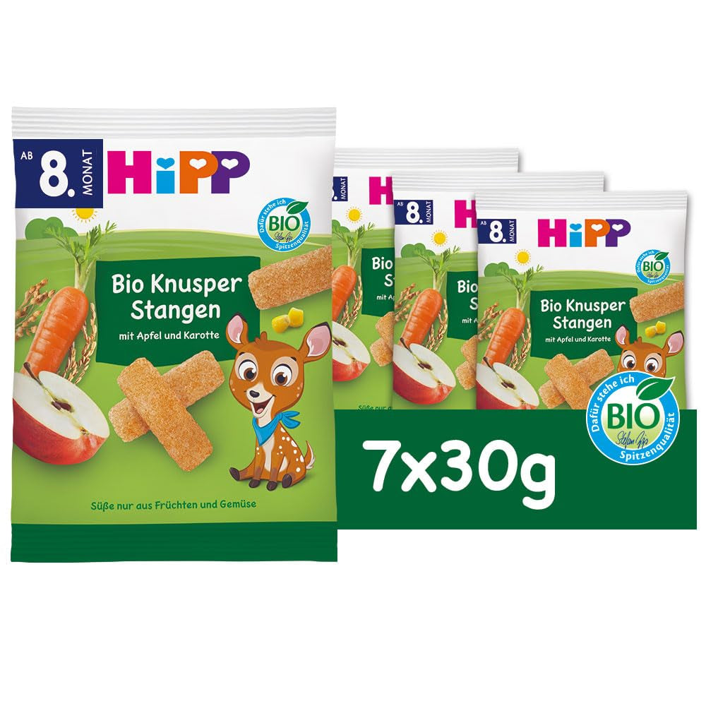 HiPP Bio Knusper Stangen Apple Karotte (7 x 30 g), Babysnack ab 8. Monat, Süße nur aus Früchten und Gemüse, sin gluten, en la mejor calidad biológica