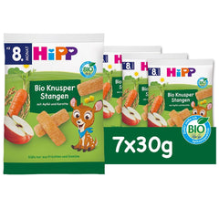 HiPP Bio Knusper Stangen Apple Karotte (7 x 30 g), Babysnack ab 8. Monat, Süße nur aus Früchten und Gemüse, sin gluten, en la mejor calidad biológica