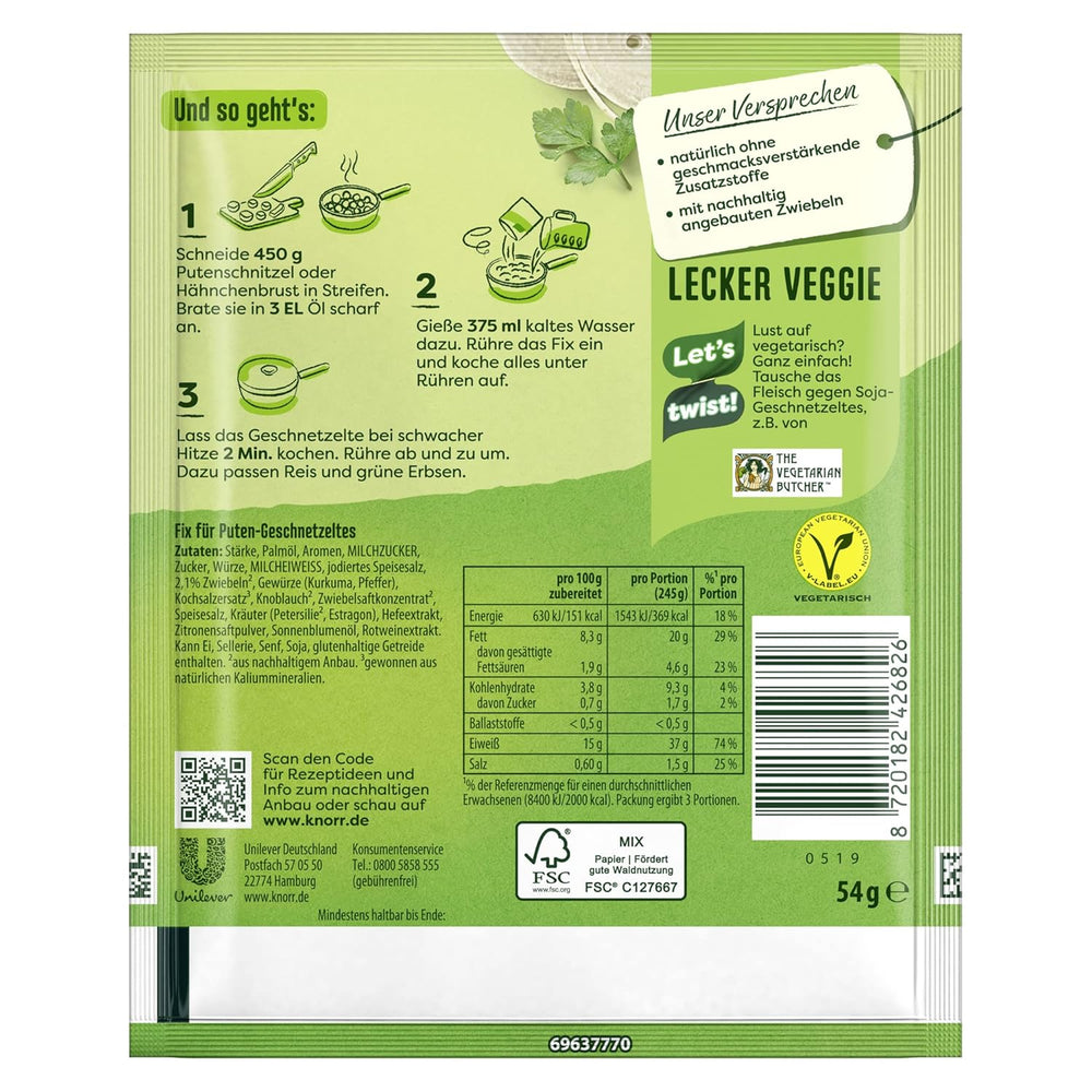 Knorr Fix Puten-Geschnetzeltes para ein leckeres Fleischgericht ohne geschmacksverstärkende Zusatzstoffe 3 porciones