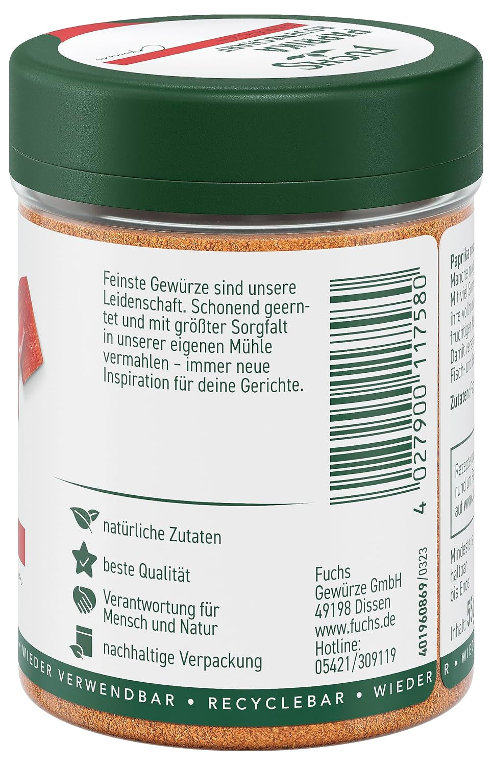Fuchs Gewürze - Paprika rosenscharf gemahlen - schärfer Gesmack für Gulasch, Eintöpfe oder Gemüsegerichte - ingredientes naturales - 55 g en wiederverwendbarer, recyclebarer Dosis