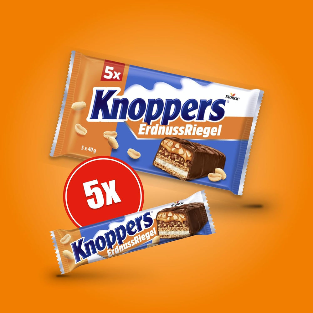 Knoppers Peanut Bar – 1 x 200g (5 barras) – Barra de chocolate con leche con crema de maní, maní salado picado, caramelo y chocolate con leche