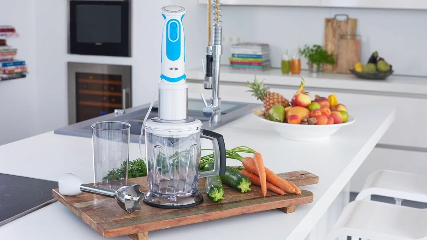 Braun Stabmixer MQ 5260WHBL Stabmixer - Multiquick 5 Vario Pürierstab Mit Edelstahl Mixfuß Und Spiralschneider, 1000 Watt, Inkl. Umfangreiches Zubehör-Set, Weiß/Blau Tienda para madres e hijos Naty