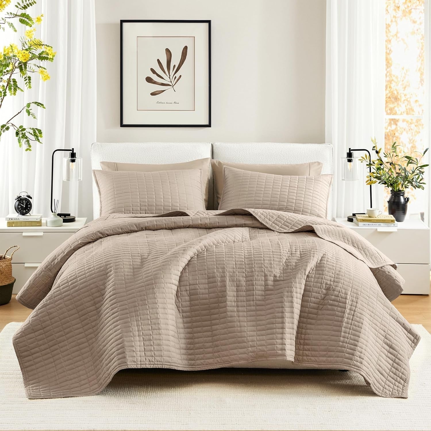 Comfort Spaces Kienna Quilt Set, cusături duble de lux, pătură de vară, ușoară, moale, lenjerie de pat pe tot parcursul anului, față de pernă asortată, albă, pătură pentru paturi King Size (264.2 X 228.6 Cm), Plapumi si pilote Naty Shop Taupe Quilt King/Cal King(104"X90")