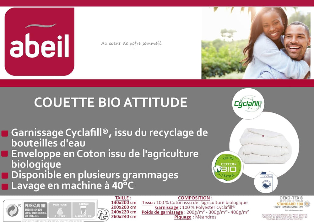 Abeil Bio' Colcha Attitude, Ligera, Funda de algodón orgánico, Relleno: Poliéster Cyclafill® 200 G/M², Lavable a máquina, Certificado Oeko-Tex, 200 X 200 Cm Edredones y edredones Naty Shop