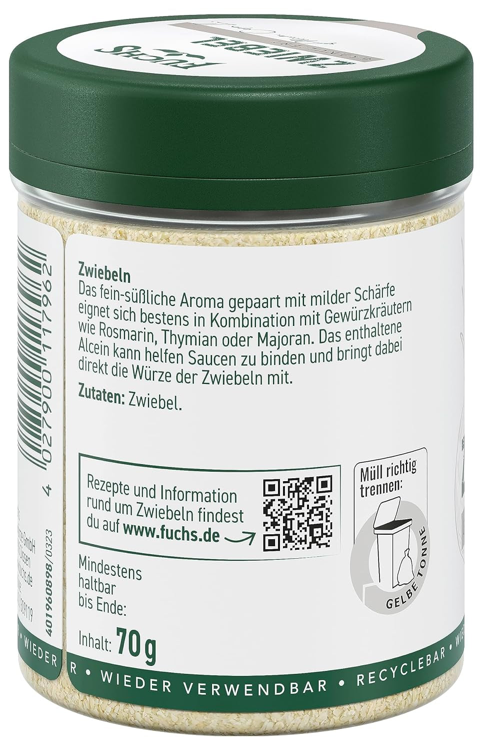 Fuchs Gewürze - Zwiebel granuliert - Gewürz für Saucen oder Nudelgerichte - ingredientes naturales - 70 g en wiederverwendbarer, recyclebarer Dosis