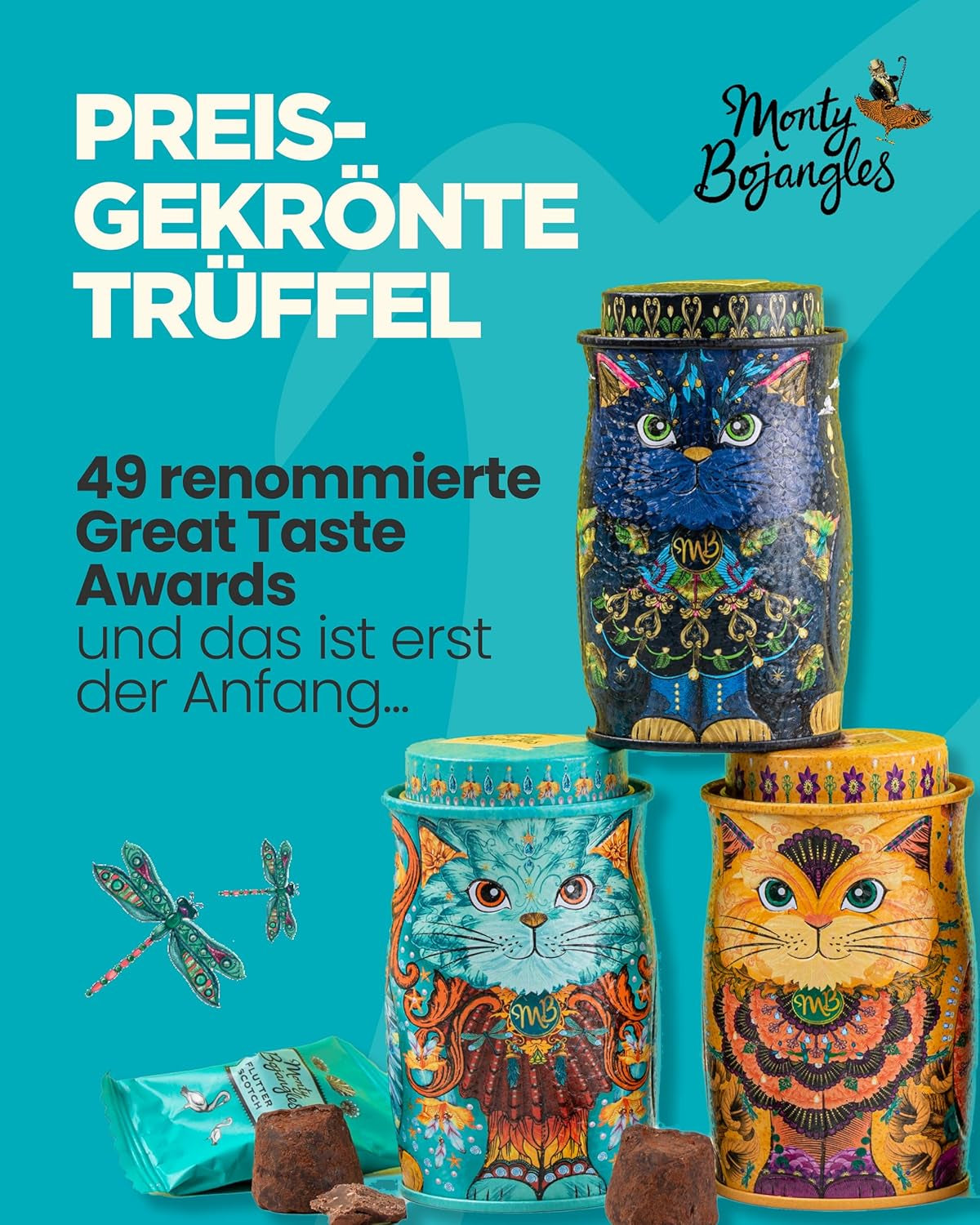 Monty Bojangles Savanna Gold Trufas de chocolate (135 g) Set de regalo de praliné de cacao en polvo en una caja de coleccionista individual con diseño de gato Flutter Scotch Flavor