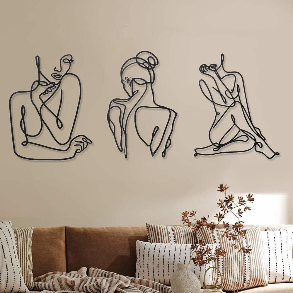 3 bucăți Metal Minimalist Woman Wall Art Deco Modern Metal Abstract Woman Wall Art Female Single Line Line Drawings to Hang for Living Room (negru, modern) Statuete si sculpturi Naty Shop Negru Modern