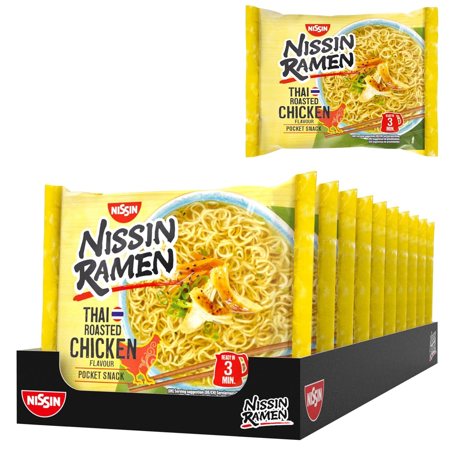 Nissin Ramen - Pollo al horno tailandés, paquete de 10 fideos instantáneos estilo asiático, receta tailandesa, comida asiática rápida y fácil (10 x 65 g)