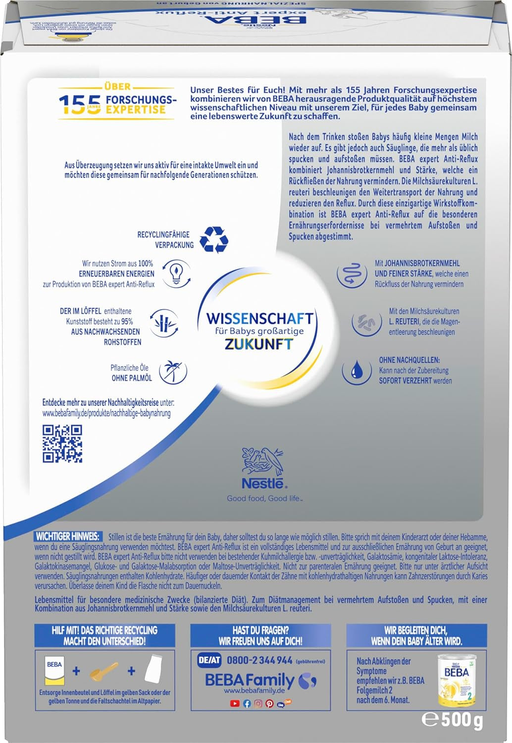 BEBA expert Anti-Reflux - AR Fórmula especial desde el nacimiento, para aumento de eructos y vómitos, papillas, leche en polvo para bebés, 1 paquete (1 x 500 g)