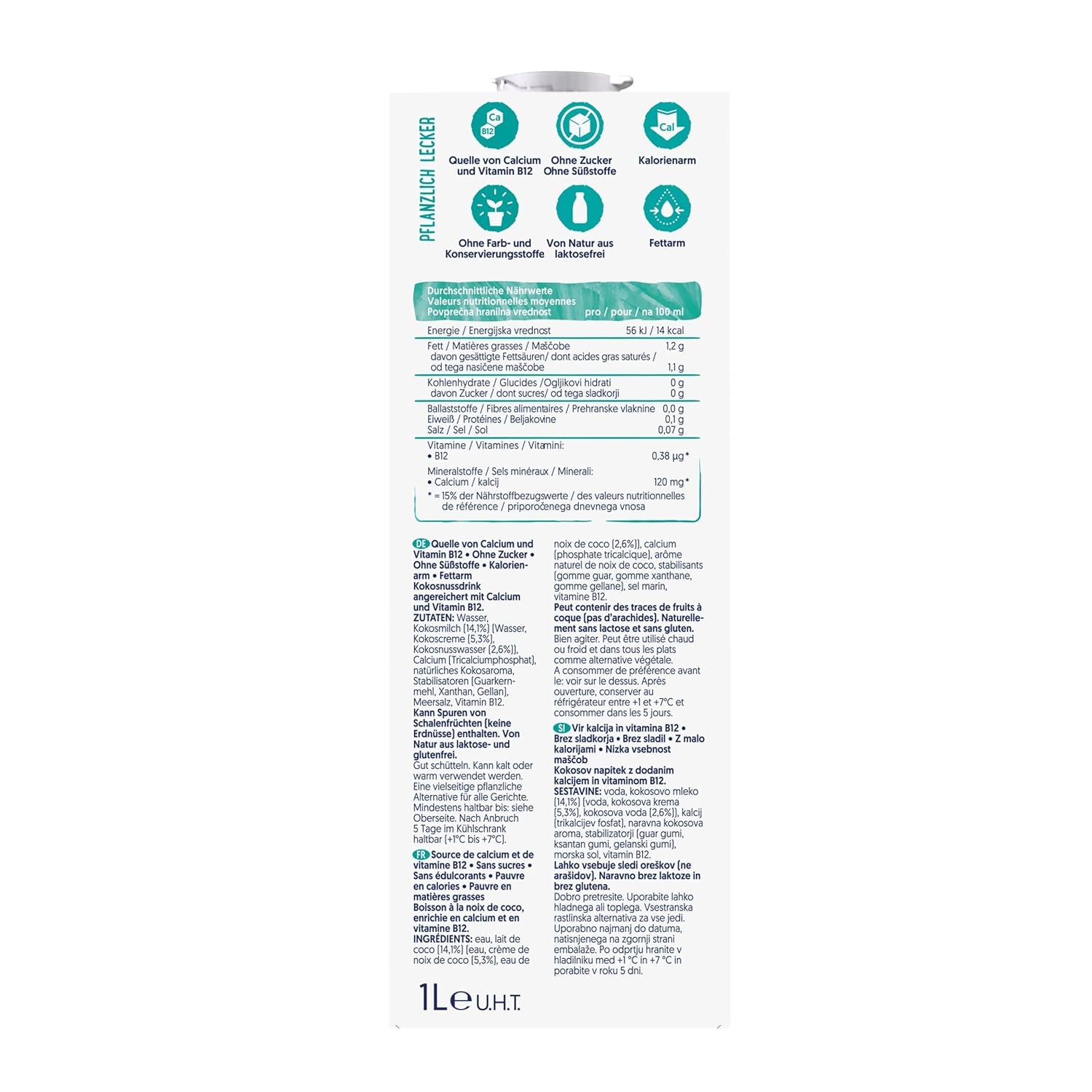 Alpro Kokosnussdrink ohne Zucker – Ohne Süßstoffe – Vegan und milchfrei – Von Natur aus lactosefrei und fettarm – Rico en calcio y vitaminas – 8 x 1 L