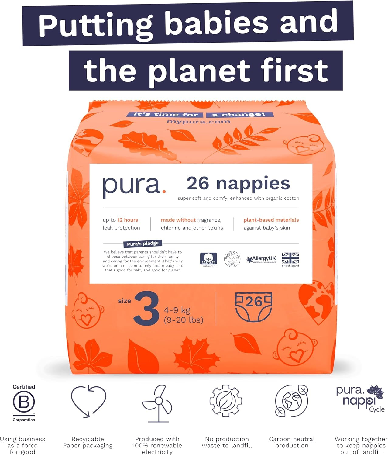 Pañales Eco Baby - Talla 3 (4-9 kg), 1 paquete (26 pañales), Pañales ultra suaves para pieles sensibles, Algodón orgánico, Hasta 12 horas de protección contra fugas, Nueva guía de tallas