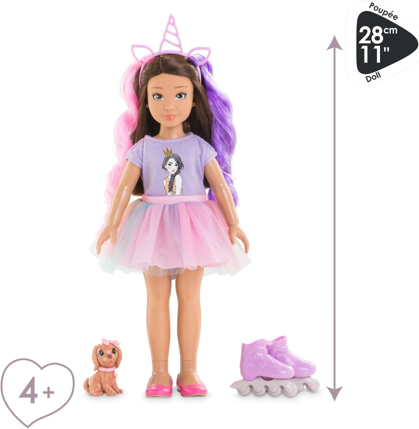Corolle 9000600030 - Conjunto Luna Einhorn para niña, puppe de tobillo en traje de verano con perro, cinta para el pelo, anillos y gomas extra, puppe de 28 cm con Vanilleduft, de 4 años