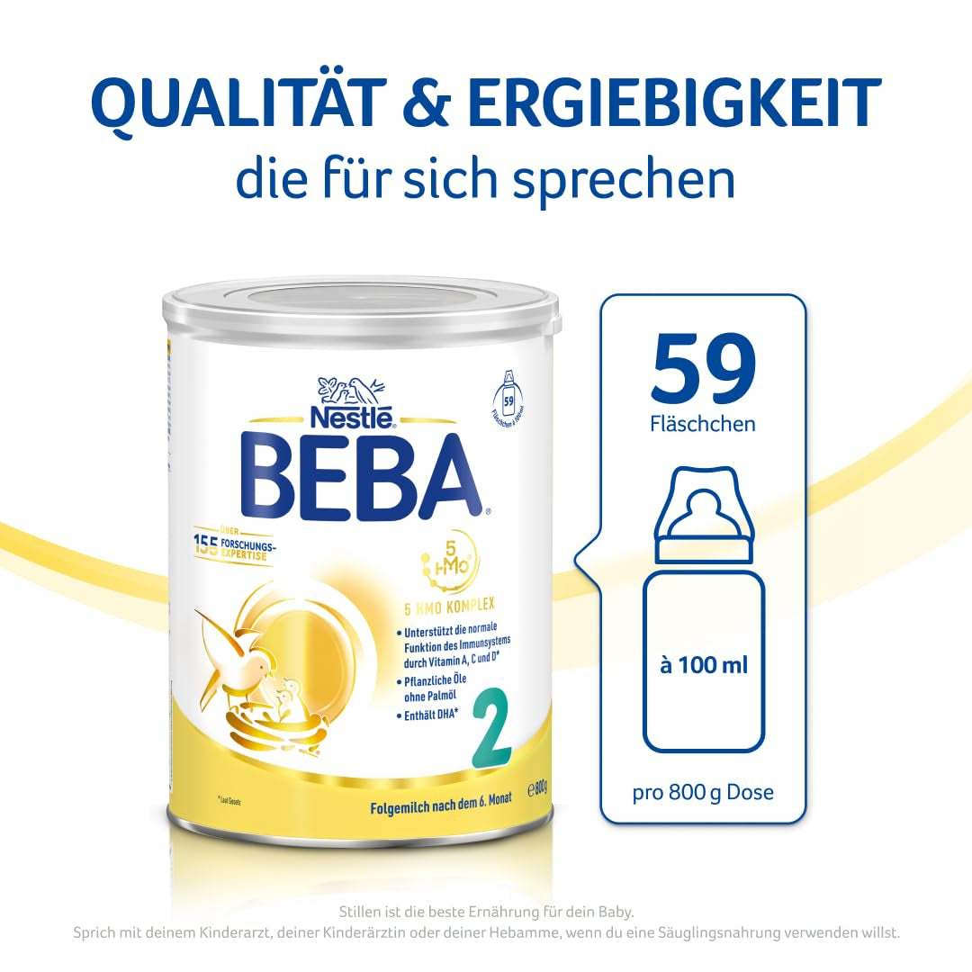 BEBA 2 - Leche de continuación a partir de los 6 meses, con complejo 5 HMO, contenido proteico adecuado a la edad, sin lactosa, sin aceite de palma, sin aceite de pescado, papilla, leche en polvo para bebés, paquete de 3 (3 x 800 g)