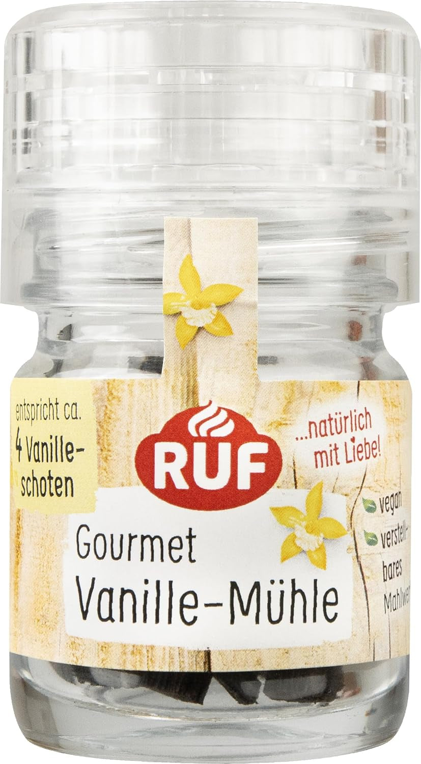 RUF Bio Bourbon Vanille-Mühle, Gewürz-Mühle aus aroma-sicherem Glas, Vegan, Verstellbares Mühlwerk, Vanilleschoten zum Backen und Kochen, 1 x 7,5 g