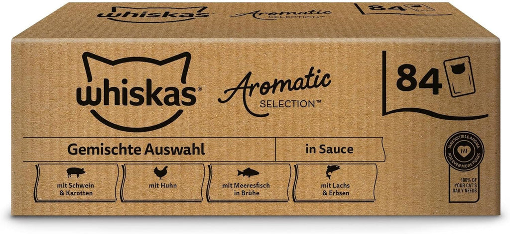 WHISKAS Aromatic Selection Multipack hrană umedă pentru pisici 1+, 40X85G - 4 arome: Porc, pui, somon, pește de mare în sos