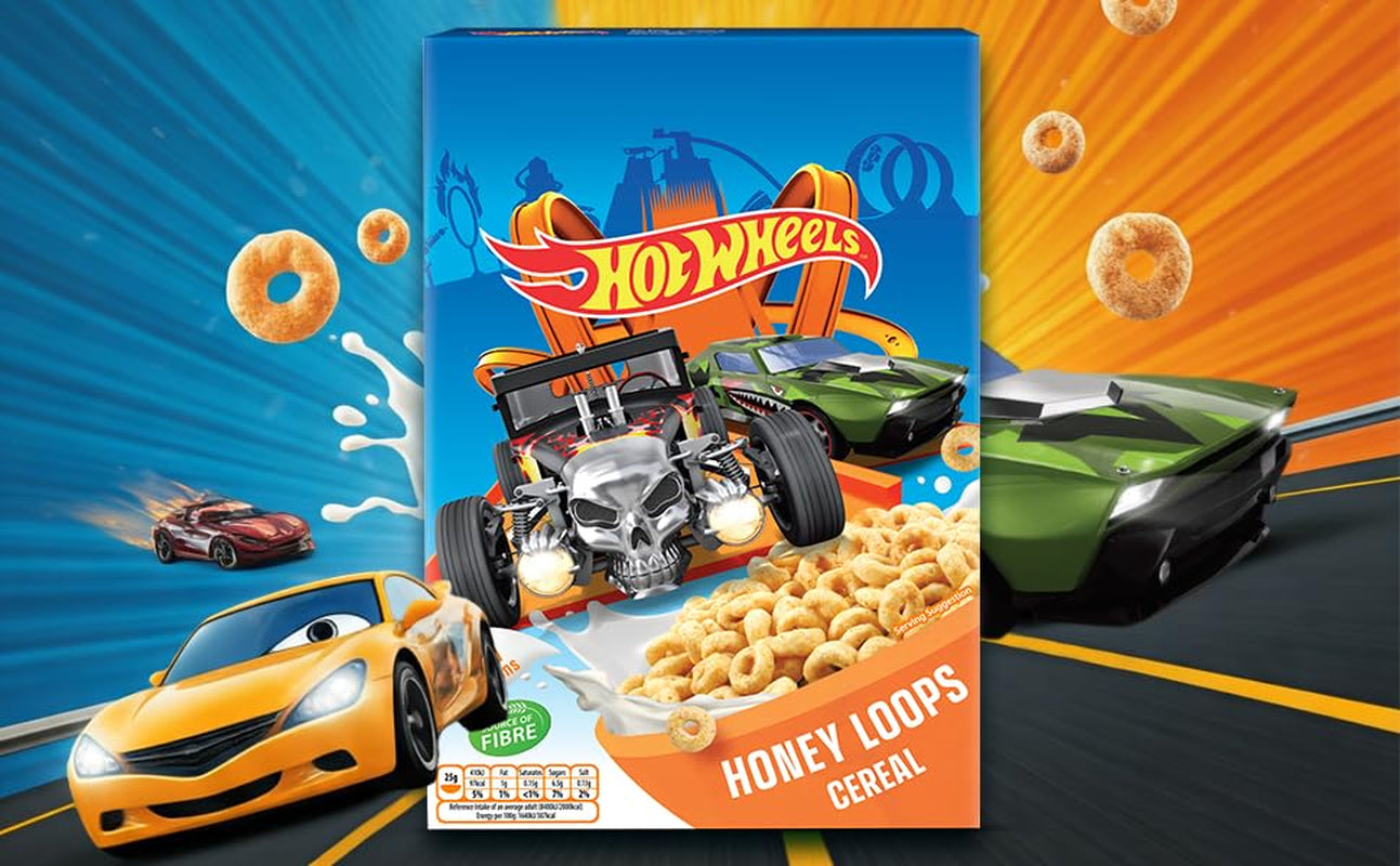 Hot Wheels Honey Loops Cereal de desayuno integral crujiente con vitaminas añadidas, 1 paquete (1 x 375 g)