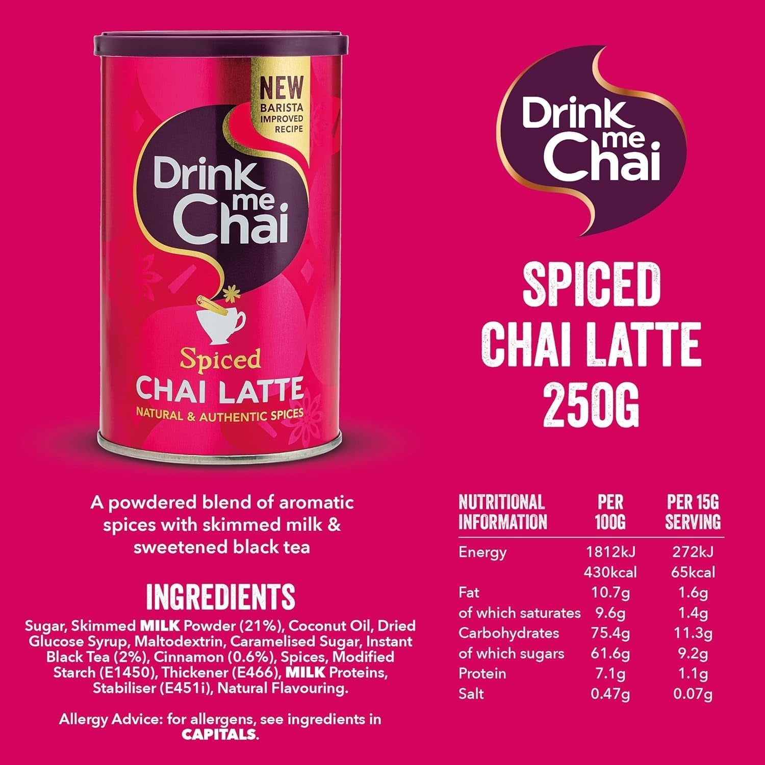 Drink Me Chai Spiced Chai Latte 250 g (pachet de 1) - doar adaugă apă, pudră Chai Latte (16 porții)