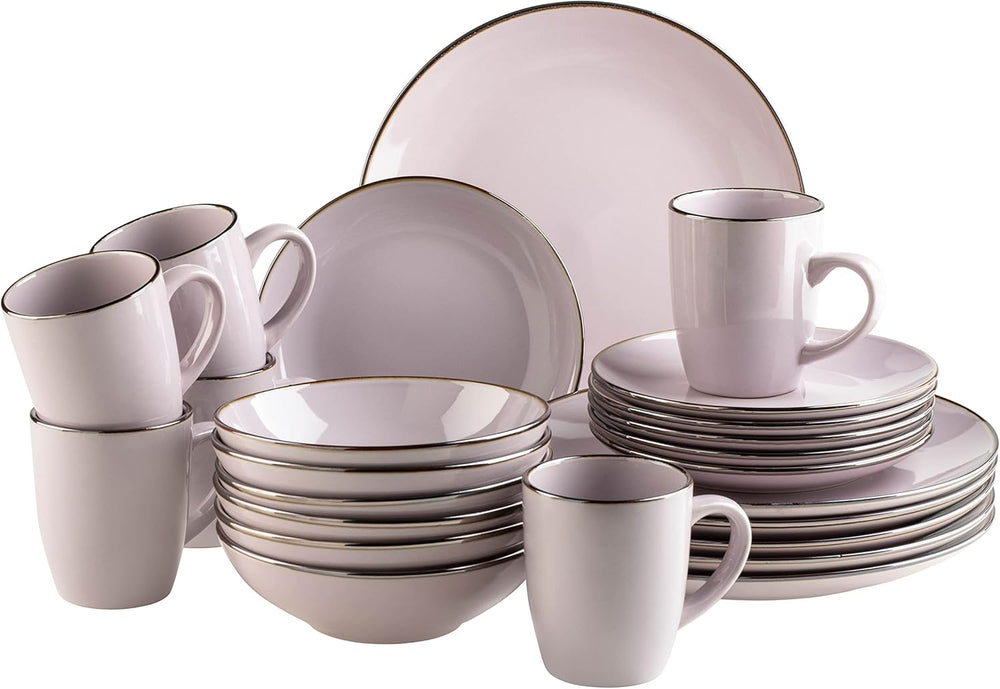 Set de veselă modern pentru 6 persoane cu margine de culoarea alamei, serviciu combinat format din 24 de piese cu forme de cupe fără ramă, lavandă