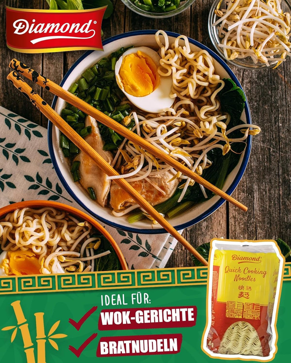 DIAMOND Fideos instantáneos sin huevo, fideos instantáneos al wok con harina de trigo y guarniciones - 1 x 500 g