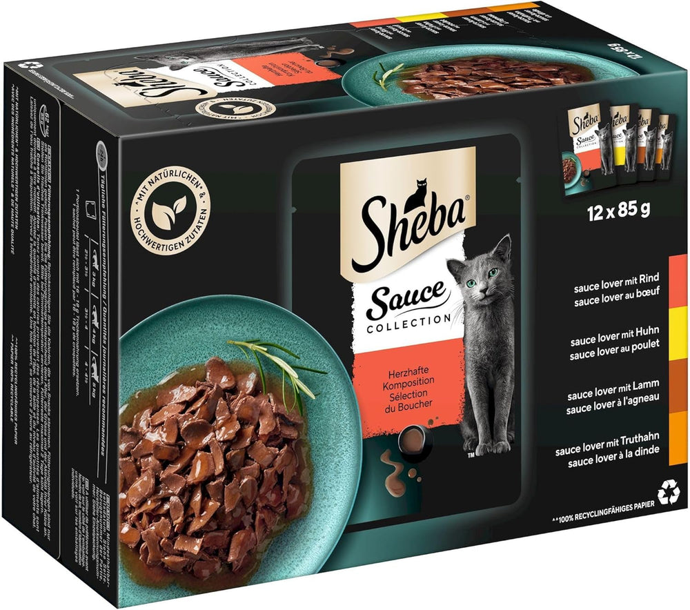 Hrană umedă pentru pisici Sheba Sauce Collection, în pliculețe porționate, pachet multiplu cu compoziție sărată, 4x12x85g