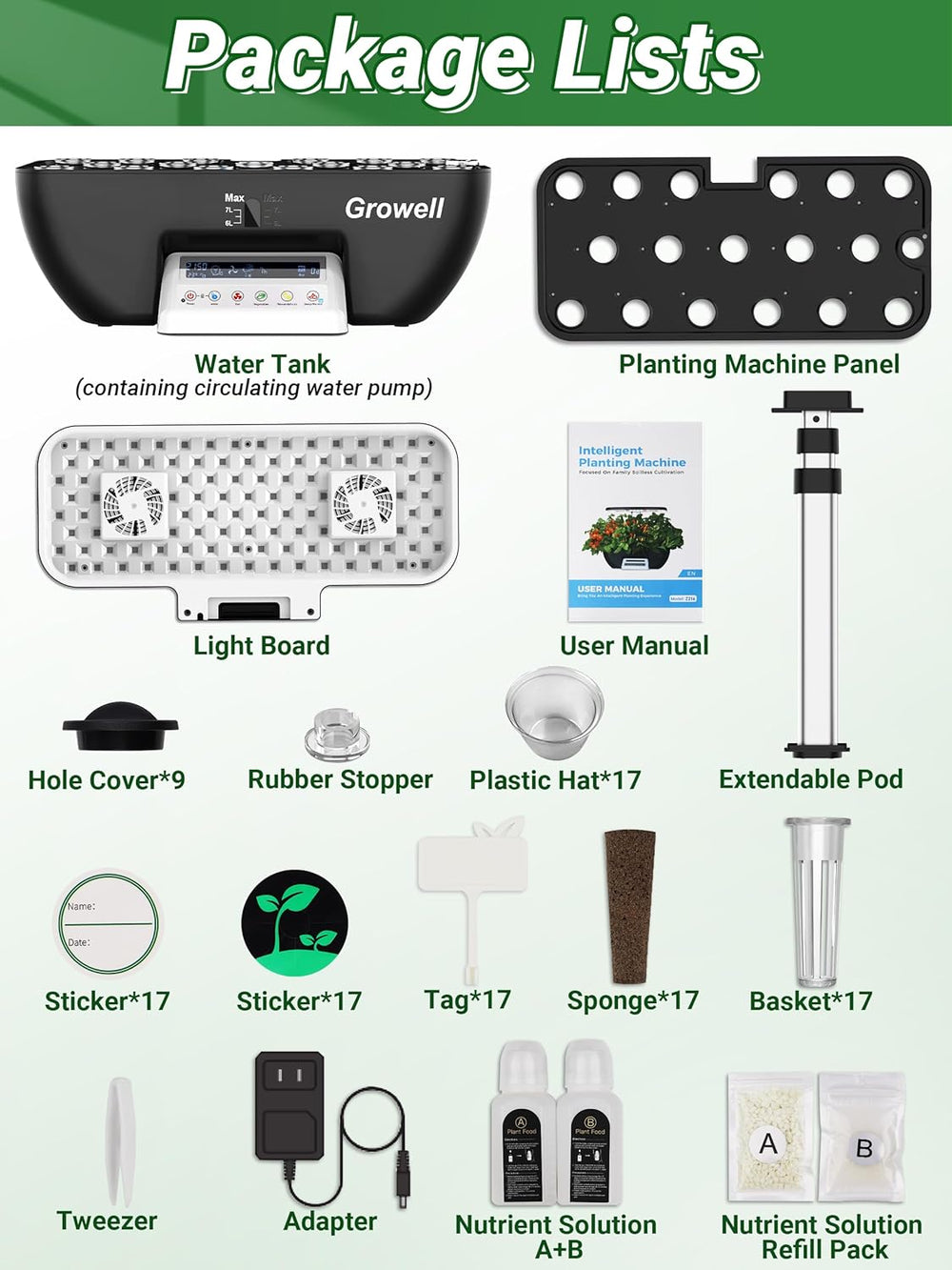 Kit de hidroponía de 17 cápsulas para jardín de hierbas con 102 luces de cultivo de espectro completo de 28W y 2 ventiladores para jardín interior con tanque de bomba de agua