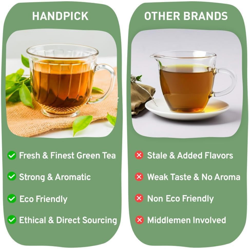 HANDPICK, pliculețe de ceai verde - 25 bucăți | 100% frunze de ceai verde pur din Himalaya, India | Plicuțe de ceai verde ecologice, preparare la cald sau rece