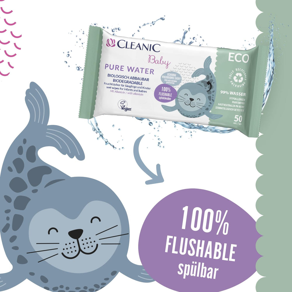Toallitas húmedas Cleanic Baby Eco Pure Water - (1 x 50 uds.) Toallitas húmedas para niños y bebés - Piel sensible, sin fragancia, que se puede desechar - 50 uds.