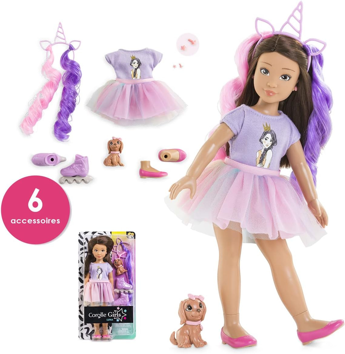 Corolle 9000600030 - Conjunto Luna Einhorn para niña, puppe de tobillo en traje de verano con perro, cinta para el pelo, anillos y gomas extra, puppe de 28 cm con Vanilleduft, de 4 años